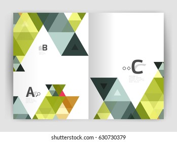 Cobertura del informe geométrico moderno vectorial anual. Folleto comercial moderno o planilla de portada A4. Fondo abstracto con triángulos de color, fondo anual de impresión de informes. Diseño de vectores para flujo de trabajo