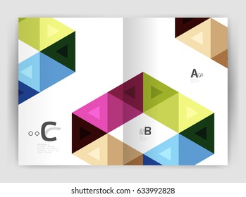 Cobertura del informe geométrico moderno vectorial anual. Folleto comercial moderno o planilla de portada A4. Fondo abstracto con triángulos de color, fondo anual de impresión de informes. Diseño de vectores para flujo de trabajo