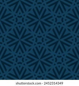Vector modern geometric graphic texture. Elegant dark blue seamless pattern with lines, stars, arrows, grid, lattice, floral silhouettes. Simple abstract background. Subtle repeated dark geo design