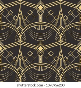 Vector modern geometric tiles pattern. golden lined shape. Abstract art deco seamless luxury background.