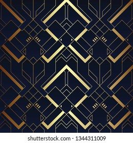 Vector modern geometric tiles pattern. luxury dark blue with gold shape. Abstract art seamless background.