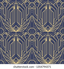 Vector modern geometric tiles pattern. golden lined shape. Abstract art deco seamless luxury background.