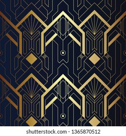 Vector modern geometric tiles pattern. luxury dark blue with gold shape. Abstract art seamless background.