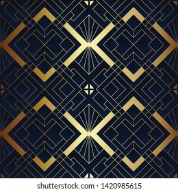 Vector modern geometric tiles pattern. luxury dark blue with gold shape. Abstract art deco seamless background.