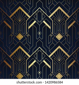 Vector modern geometric tiles pattern. luxury dark blue with gold shape. Abstract art deco seamless background.