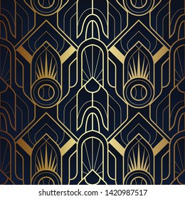 Vector modern geometric tiles pattern. luxury dark blue with gold shape. Abstract art deco seamless background.