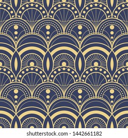Vector modern geometric tiles pattern. golden lined shape. Abstract art deco blue seamless luxury background.