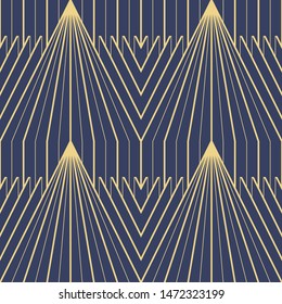Vector modern geometric tiles pattern. golden lined shape. Abstract art deco seamless luxury on blue background.