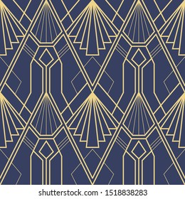 Vector modern geometric tiles pattern. golden lined shape. Abstract art deco seamless luxury on blue background.