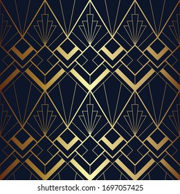 Vector Modern Geometric Tiles Pattern. Luxury Dark Blue With Gold Shape. Abstract Art Deco Seamless Background.