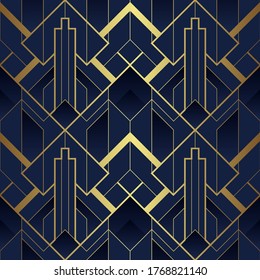 Vector Modern Geometric Tiles Pattern. Luxury Dark Blue With Gold Shape. Abstract Art Deco Seamless Background.