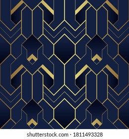 Vector modern geometric tiles pattern. luxury dark blue with gold shape. Abstract art deco seamless background.