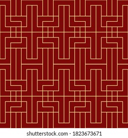 Vector modern geometric tiles pattern. red and golden lined shape. Abstract chinese style seamless luxury background.
