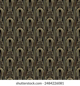 Vector modern geometric tiles pattern in art deco style. Abstract roaring twenties seamless luxury background in gold over black..