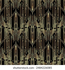 Vector modern geometric tiles pattern in art deco style. Abstract roaring twenties seamless luxury background in gold over black..