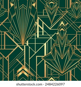 Vector modern geometric tiles pattern in art deco style. Abstract roaring twenties seamless luxury background in gold over dark green.