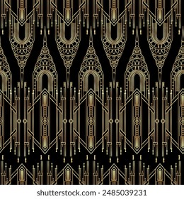 Vector modern geometric tiles pattern in art deco style. Abstract roaring twenties seamless luxury background in gold over black..