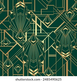 Vector modern geometric tiles pattern in art deco style. Abstract roaring twenties seamless luxury background in gold over dark green.