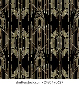 Vector modern geometric tiles pattern in art deco style. Abstract roaring twenties seamless luxury background in gold over black..