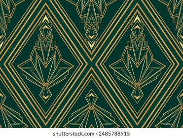 Vector modern geometric tiles pattern in art deco style. Abstract roaring twenties seamless luxury background in gold over dark green.