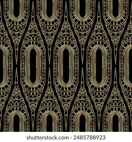 Vector modern geometric tiles pattern in art deco style. Abstract roaring twenties seamless luxury background in gold over black..