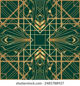 Vector modern geometric tiles pattern in art deco style. Abstract roaring twenties seamless luxury background in gold over dark green.