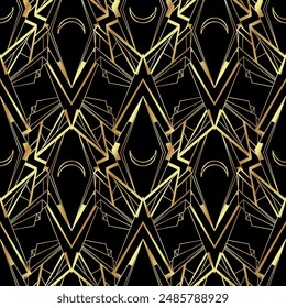 Vector modern geometric tiles pattern in art deco style. Abstract roaring twenties seamless luxury background in gold over black..