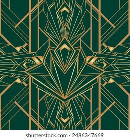 Vector modern geometric tiles pattern in art deco style. Abstract roaring twenties seamless luxury background in gold over dark green.