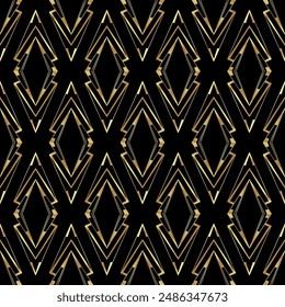 Vector modern geometric tiles pattern in art deco style. Abstract roaring twenties seamless luxury background in gold over black..