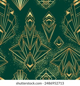 Vector modern geometric tiles pattern in art deco style. Abstract roaring twenties seamless luxury background in gold over dark green.