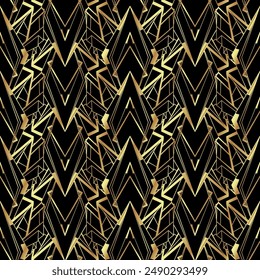 Vector modern geometric tiles pattern in art deco style. Abstract roaring twenties seamless luxury background in gold over black..