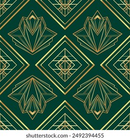 Vector modern geometric tiles pattern in art deco style. Abstract roaring twenties seamless luxury background in gold over dark green.