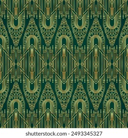 Vector modern geometric tiles pattern in art deco style.Roaring twenties seamless background in gold over green.. Abstract art deco seamless background.