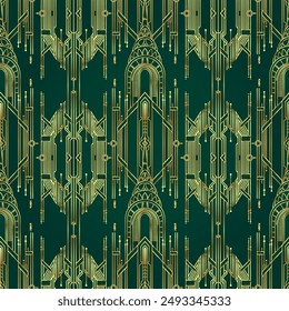 Vector modern geometric tiles pattern in art deco style.Roaring twenties seamless background in gold over green.. Abstract art deco seamless background.