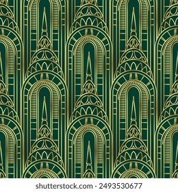 Vector modern geometric tiles pattern in art deco style.Roaring twenties seamless background in gold over green.. Abstract art deco seamless background.