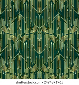 Vector modern geometric tiles pattern in art deco style.Roaring twenties seamless background in gold over green.. Abstract art deco seamless background.