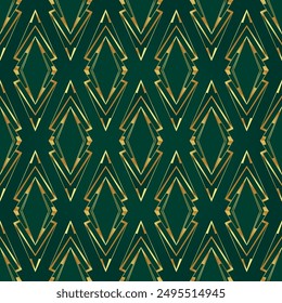 Vector modern geometric tiles pattern in art deco style.Roaring twenties seamless background in gold over green.. Abstract art deco seamless background.