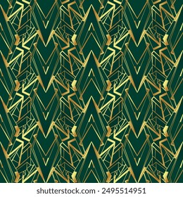 Vector modern geometric tiles pattern in art deco style.Roaring twenties seamless background in gold over green.. Abstract art deco seamless background.