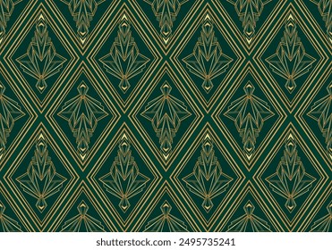 Vector modern geometric tiles pattern in art deco style. Abstract roaring twenties seamless luxury background in gold over dark green.