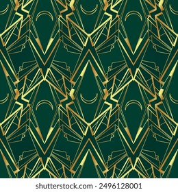 Vector modern geometric tiles pattern in art deco style. Abstract roaring twenties seamless luxury background in gold over green.
 Abstract art deco seamless background.