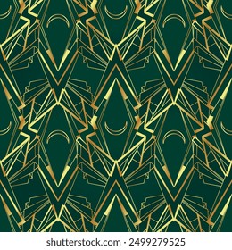 Vector modern geometric tiles pattern in art deco style.Roaring twenties seamless background in gold over green.. Abstract art deco seamless background.