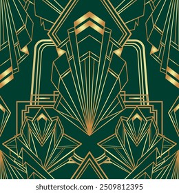 Vector modern geometric tiles pattern in art deco style. Abstract roaring twenties seamless luxury background in gold over dark green.