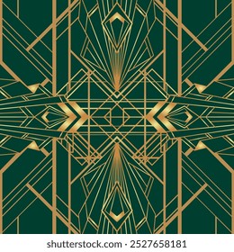 Vector modern geometric tiles pattern in art deco style. Abstract roaring twenties seamless luxury background in gold over dark green.