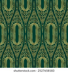 Vector modern geometric tiles pattern in art deco style.Roaring twenties seamless background in gold over green.. Abstract art deco seamless background.