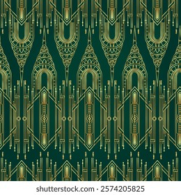 Vector modern geometric tiles pattern in art deco style.Roaring twenties seamless background in gold over green.. Abstract art deco seamless background.