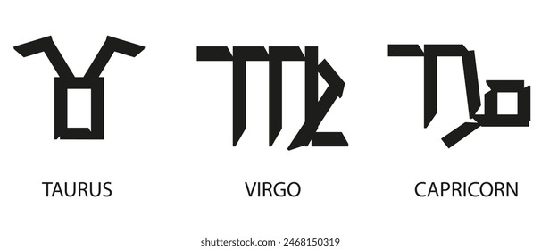 Vector modern Geometry shapes Zodiac Signs isolated transparent background. Set Zodiac Signs in trendy Geometry Straight lines style. Taurus Virgo Capricorn on white. Astrology elements of earth.