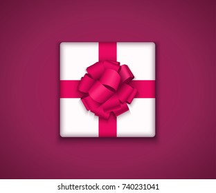 Vector modern gift box with bow ribbon. Christmas or birthday gift background. Happy new year invitation postcard. Surprise icon