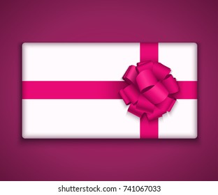 Vector modern gift box with bow ribbon. Christmas or birthday gift background. Happy new year invitation postcard. Surprise icon