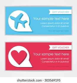 Vector modern gift voucher with talk bubbles of symbol heart and airplane. Eps 10.