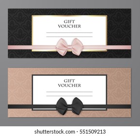 Vector modern gift voucher template set with floral pattern and beautiful bow. Gift coupon, card, invitation, certificate, ticket etc.